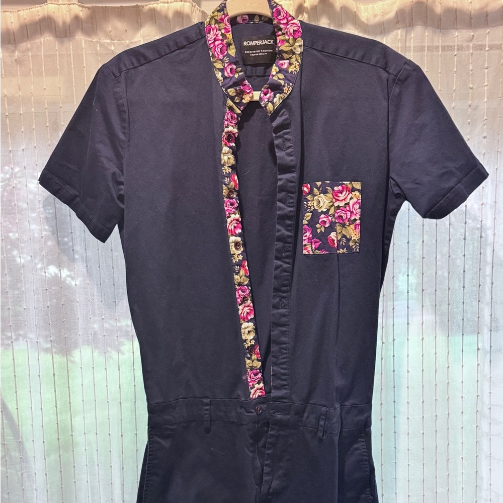 Men’s romperjack navy blue and floral one piece romper